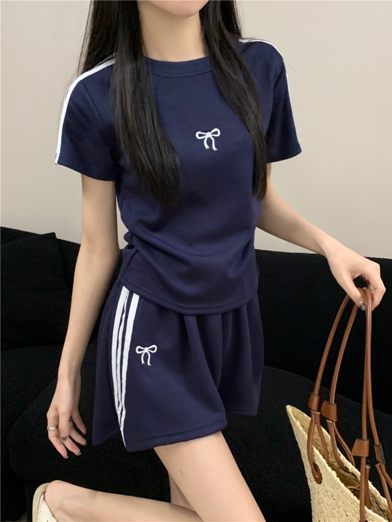 實拍  真 夏季新款休閒運動套裝女褶皺設計感T恤包臀短裙