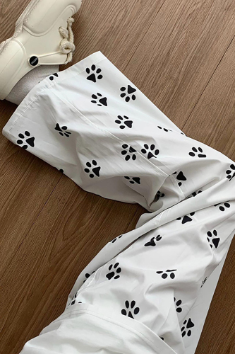 Dog paw printed white straight casual pants for women thin summer 2024 new trendy brand loose wide leg sports trousers