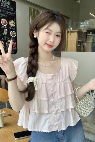 Actual shot of 2024 new summer Korean style loose square collar flying sleeves temperament cake doll shirt small shirt blouse