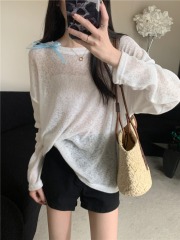 Real shot, real summer new design bow loose long-sleeved T-shirt sun protection shirt for women