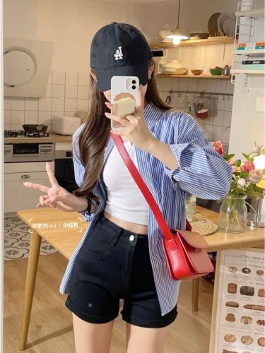 Korean style hiphop retro high-end contrast striped long-sleeved shirt women's summer loose oversize jacket trendy