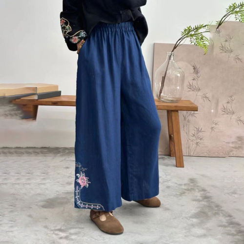 Summer thin women's pants cotton and linen nine-point wide-leg pants women's embroidered literary retro embroidered ethnic loose casual pants