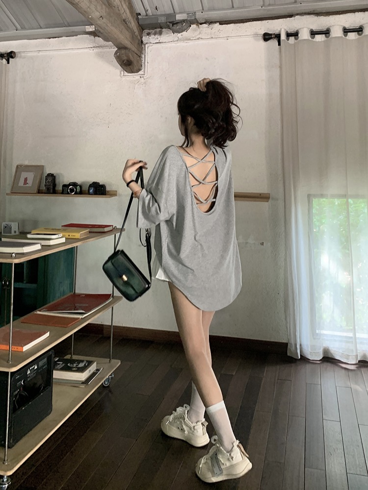 實拍！性感露背短袖T恤女設計感小眾寬鬆oversize落肩袖半袖上衣
