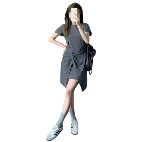 Tea break French style pear-shaped figure gray dress women's summer 2024 new niche design short skirt