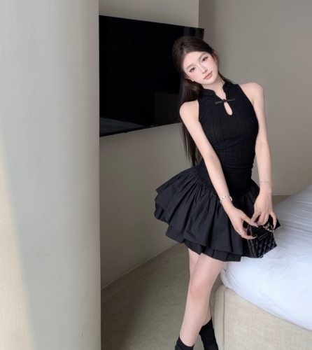 Actual shot of new Chinese style black sleeveless short skirt dress