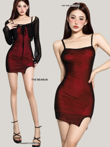 Hot girl pure desire niche design red mesh suspender dress summer figure-flattering black and red slit hip skirt