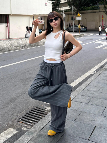 American retro gray vertical stripe drapey wide-leg pants for women summer high-waisted slimming loose casual pants