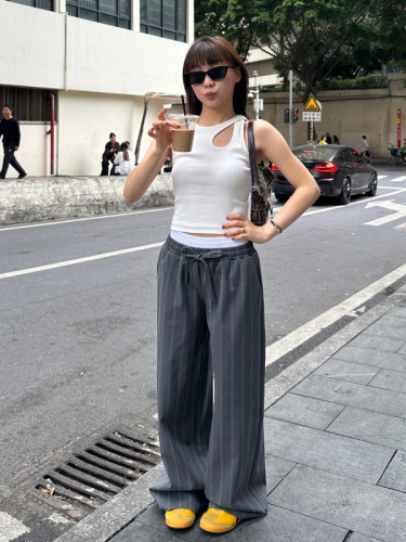 American retro gray vertical stripe drapey wide-leg pants for women summer high-waisted slimming loose casual pants