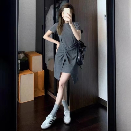 Tea break French style pear-shaped figure gray dress women's summer 2024 new niche design short skirt