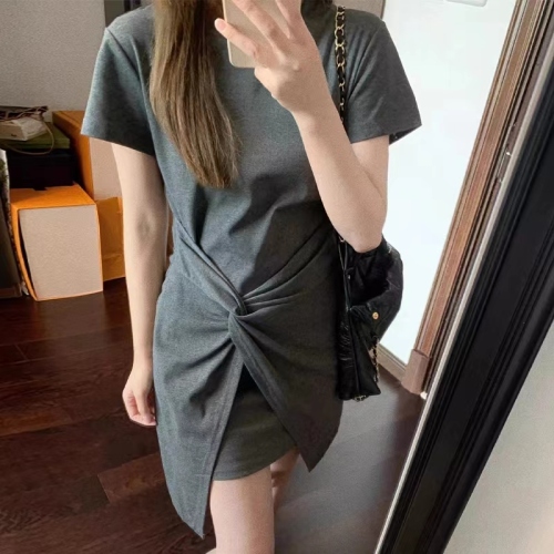 Tea break French style pear-shaped figure gray dress women's summer 2024 new niche design short skirt