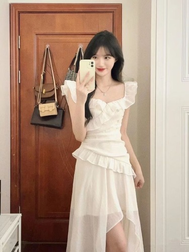 French floral suspender dress women's summer ruffled waist skirt A-line skirt irregular temperament long skirt