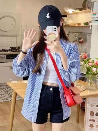 Korean style hiphop retro high-end contrast striped long-sleeved shirt women's summer loose oversize jacket trendy