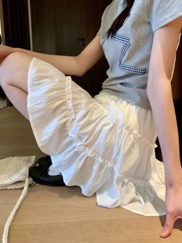 White lace cake skirt for women 2024 summer a-line age-reducing petite elastic waist puffy skirt