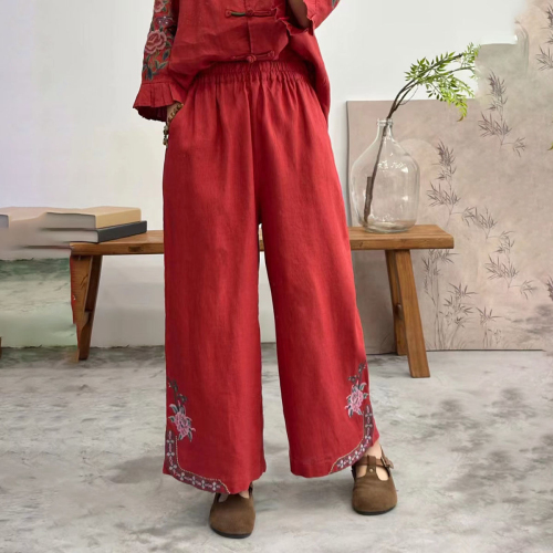 Summer thin women's pants cotton and linen nine-point wide-leg pants women's embroidered literary retro embroidered ethnic loose casual pants