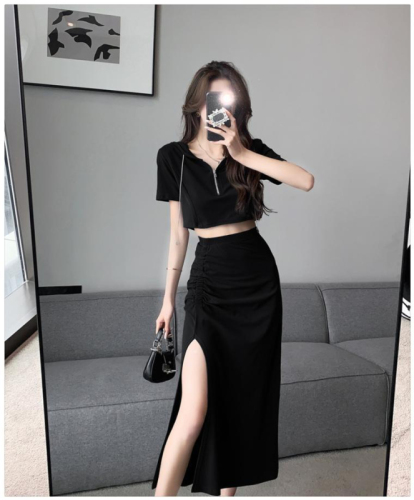 New summer suit for women French sweet hottie pure desire hooded short-sleeved Internet celebrity slit skirt fashionable two-piece set