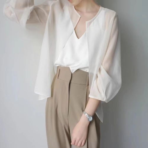 Fashionable ice silk chiffon sun protection cardigan top for women summer new style with suspender skirt and small shawl air conditioning blouse