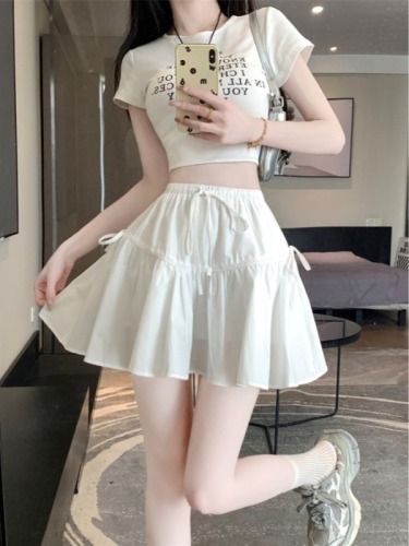 Real shot 2024 new sweet and versatile drawstring cake skirt ruffled skirt women's anti-exposure skirt solid color