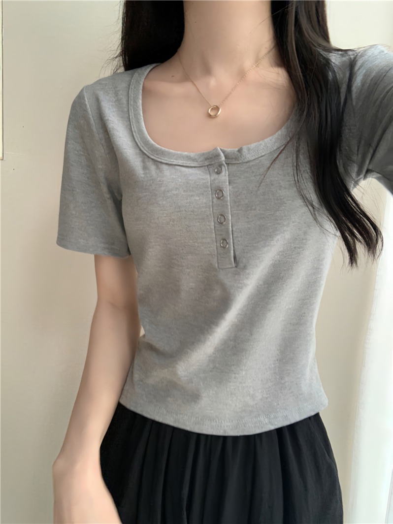實拍 真 夏季韓版方領紐扣設計感短袖T恤上衣女