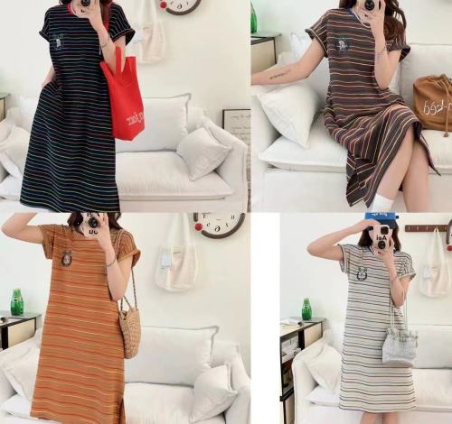 Meixi Miki 1538-Q treasure wardrobe versatile lazy dog ​​horizontal striped round neck short-sleeved long skirt