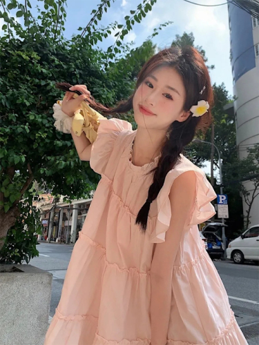 Sweet and gentle pink flying sleeve dress for women summer 2024 new style small loose slimming a-line short skirt