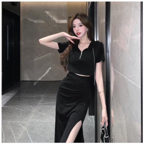 New summer suit for women French sweet hottie pure desire hooded short-sleeved Internet celebrity slit skirt fashionable two-piece set