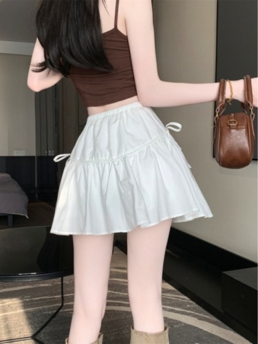 Real shot 2024 new sweet and versatile drawstring cake skirt ruffled skirt women's anti-exposure skirt solid color