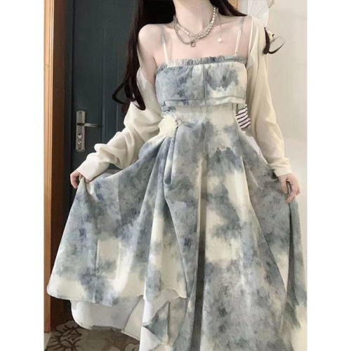 Sweet and spicy style tie-dye floral suspender dress for women autumn sleeveless ink painting waist long skirt for women