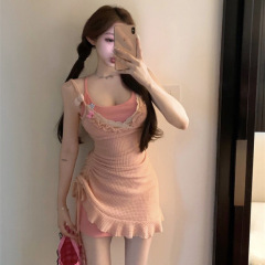 New sexy and feminine three-dimensional flower dress suit pleated flesh-covering knitted lace splicing hip-hugging short skirt