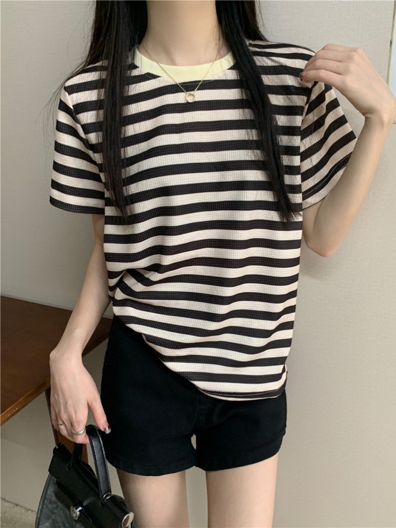 實拍 真 夏季新款條紋華夫格短袖T恤女上衣