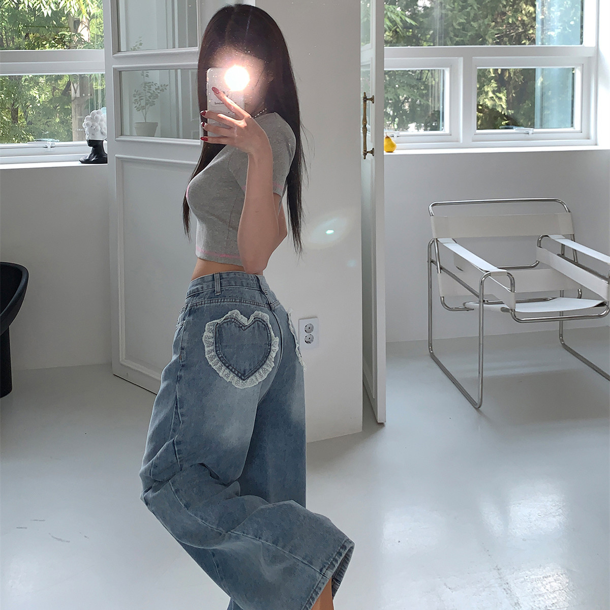 Lace love pocket high waist fashionable washed white wide leg jeans