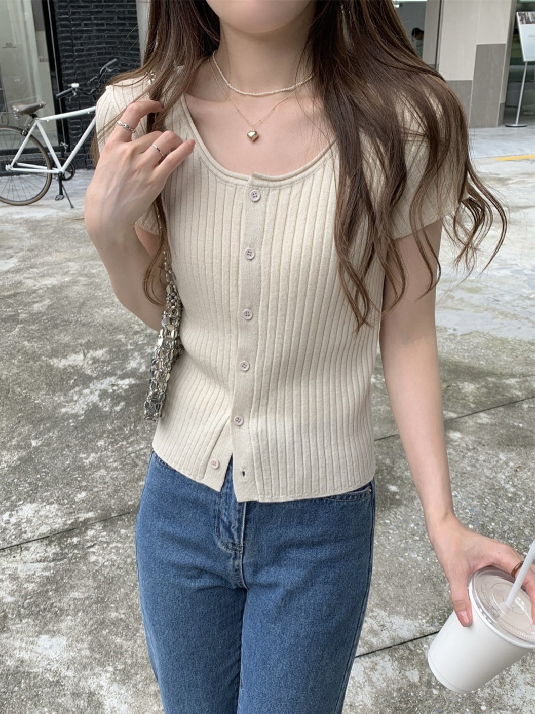 實拍 夏季韓版單排扣開衫方領氣質6羊毛百搭針織短袖上衣女