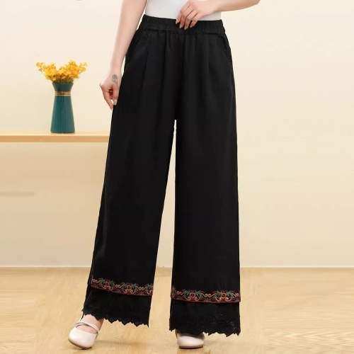 Summer new style cotton and linen nine-point pants wide-leg pants literary retro embroidered ethnic style loose slimming casual pants