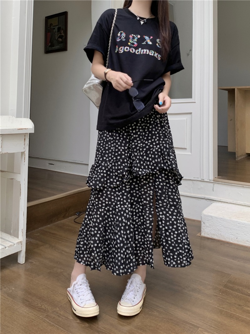 Photographed Lotus Leaf Edge Design Floral Half-Skirt for Women, Versatile, Elastic Waist, Slit for Slimming, Medium Length A-Line Skirt