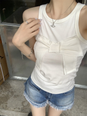 實拍 夏季韓版修身工字型蝴蝶結立體提花減齡背心純棉T恤上衣