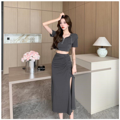 New summer suit for women French sweet hottie pure desire hooded short-sleeved Internet celebrity slit skirt fashionable two-piece set