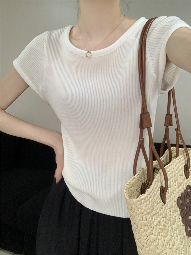 Real shot summer Korean style round neck regular shoulder thin knit top short sleeve women's shirt