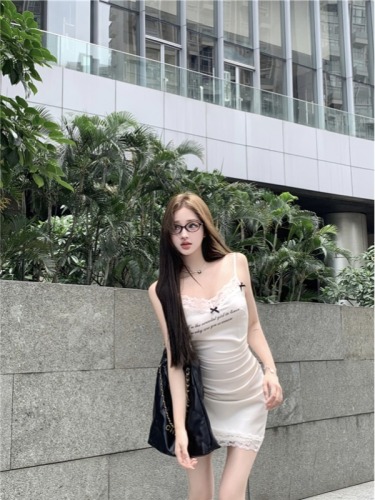 Real shot of lace satin bow dress for women, waist-cinching pure lust temperament letter printed suspender skirt