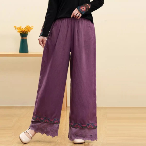 Summer new style cotton and linen nine-point pants wide-leg pants literary retro embroidered ethnic style loose slimming casual pants