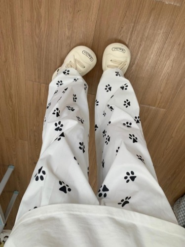 Dog paw printed white straight casual pants for women thin summer 2024 new trendy brand loose wide leg sports trousers