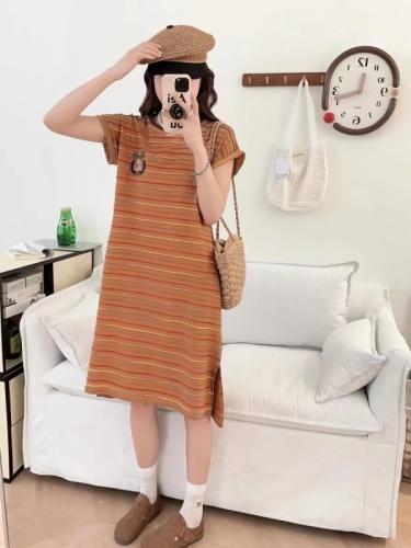 Meixi Miki 1538-Q treasure wardrobe versatile lazy dog ​​horizontal striped round neck short-sleeved long skirt