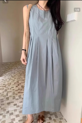 2024 Spring and Summer New Korean Style Minimalist Round Neck Pleated Loose Casual Sleeveless Vest Dress