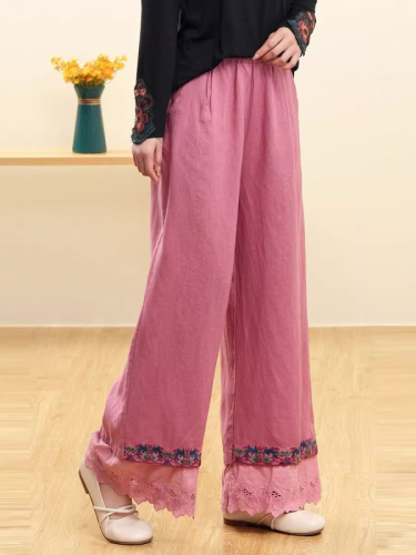 Summer new style cotton and linen nine-point pants wide-leg pants literary retro embroidered ethnic style loose slimming casual pants