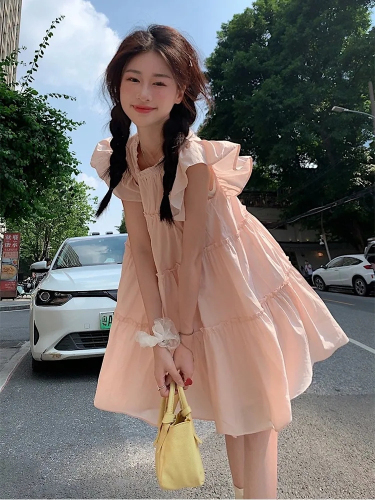 Sweet and gentle pink flying sleeve dress for women summer 2024 new style small loose slimming a-line short skirt