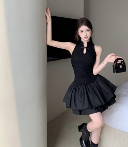 Actual shot of new Chinese style black sleeveless short skirt dress