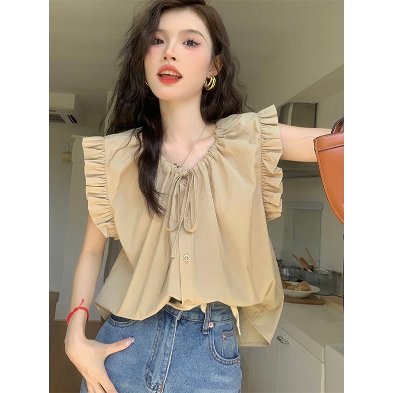 Designed small flying sleeves drawstring lace fungus vest shirt women's summer small niche irregular top