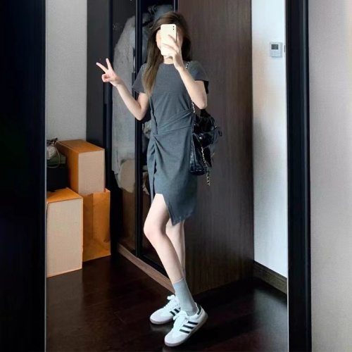 Tea break French style pear-shaped figure gray dress women's summer 2024 new niche design short skirt