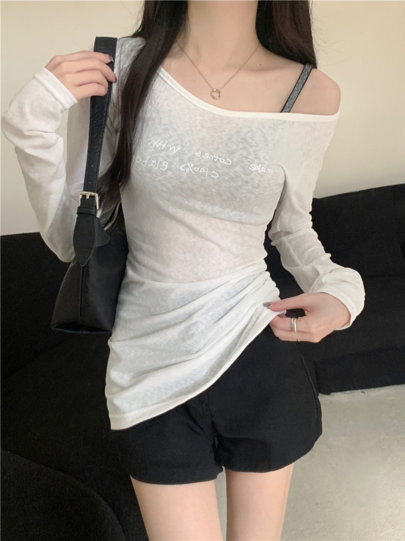 Real Shot Real Summer Letter Printed Thin Off-Shoulder Long-Sleeved T-Shirt Women's Sun Protection Top