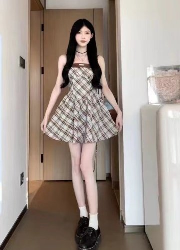 Matsumoto mourning retro plaid suspender skirt A-line skirt waist slimming dress women's summer fit and slimming