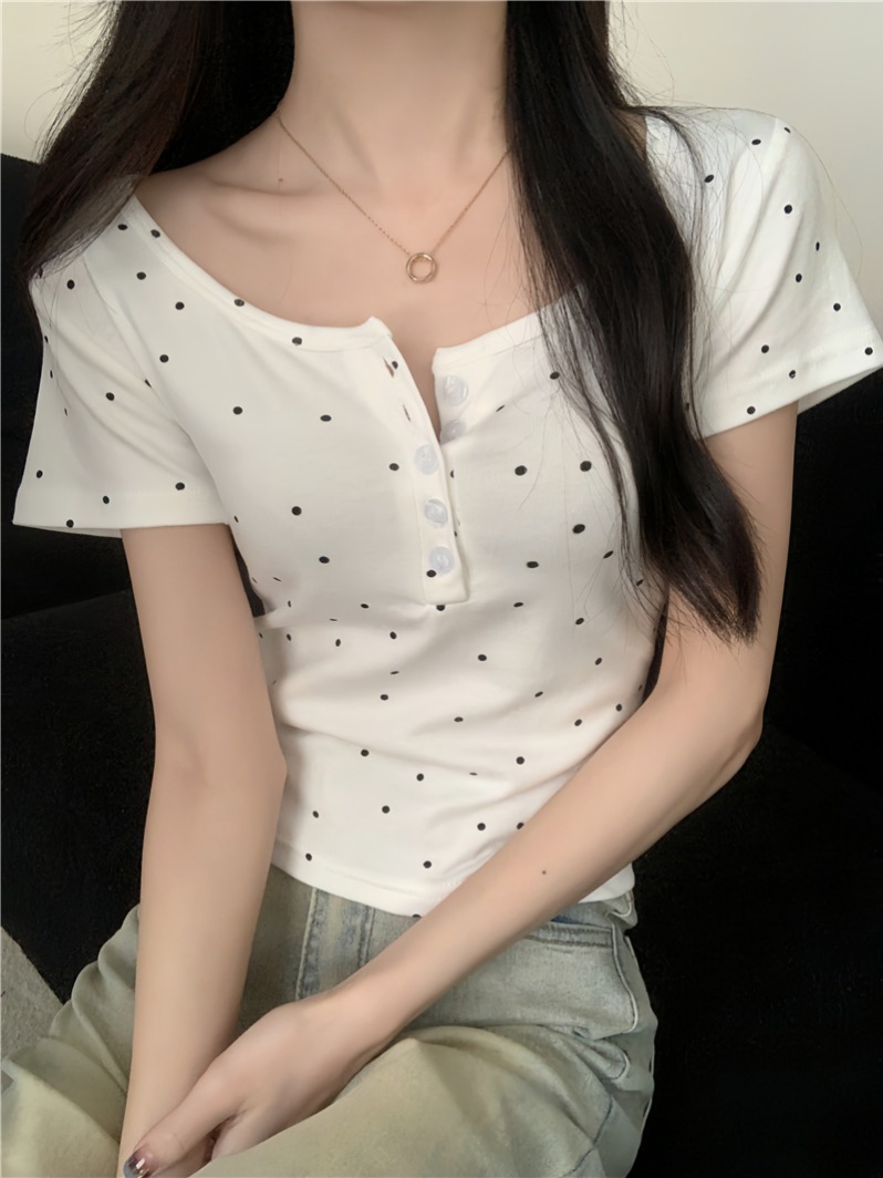 實拍 真 半開領紐扣正肩短袖t恤女夏季波點修身顯瘦短款上衣