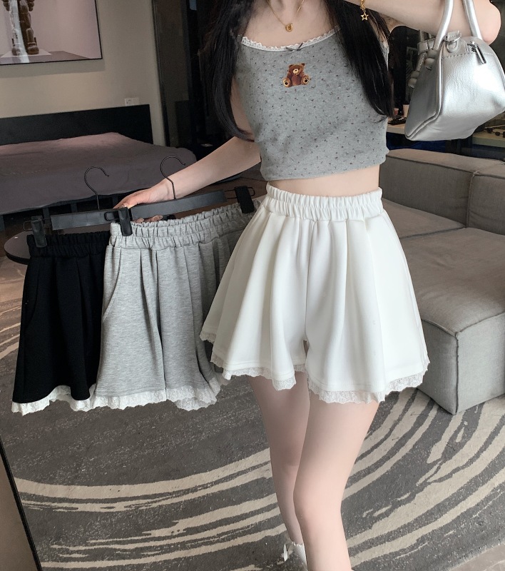Korean lace spliced ​​elastic high-waisted wide-leg pants for women, casual and versatile shorts
